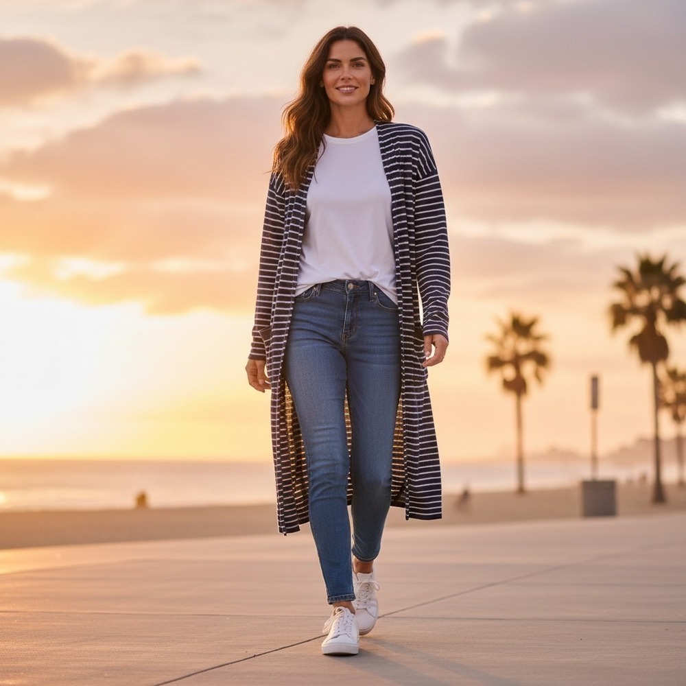 Athleta Retreat Women's M Navy White Striped Long Open Silk Cashmere Cardigan